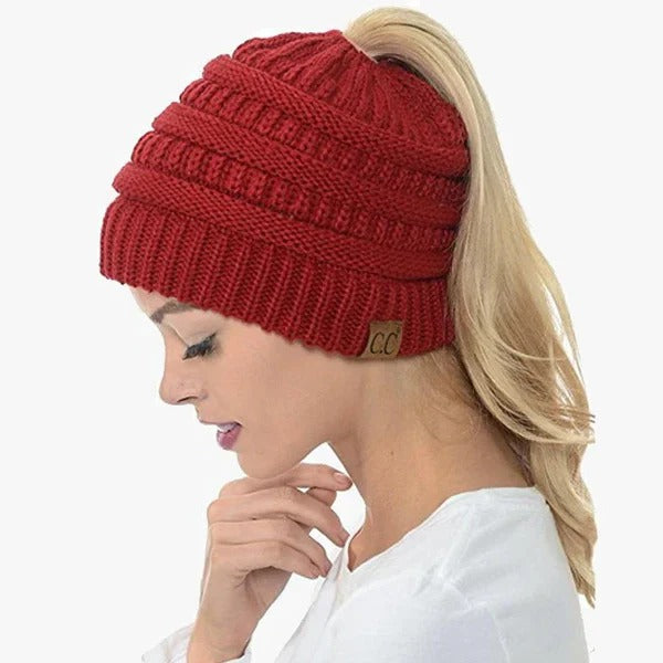 Ponytail Hat Cap Ribbed Knit Solid colour for Women