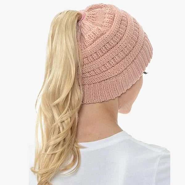 Ponytail Hat Cap Ribbed Knit Solid colour for Women