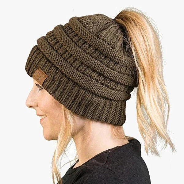 Ponytail Hat Cap Ribbed Knit Solid colour for Women