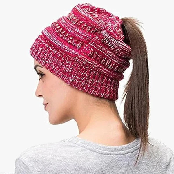 Ponytail Hat Cap Ribbed Knit Solid colour for Women