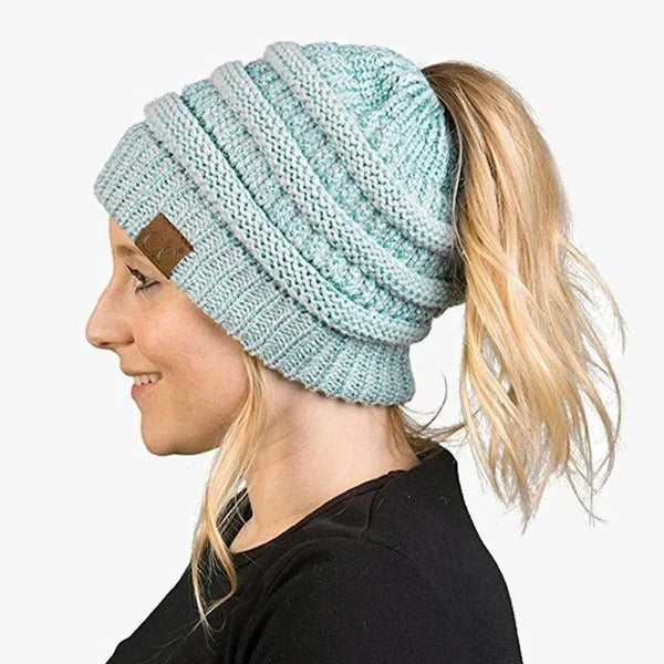 Ponytail Hat Cap Ribbed Knit Solid colour for Women
