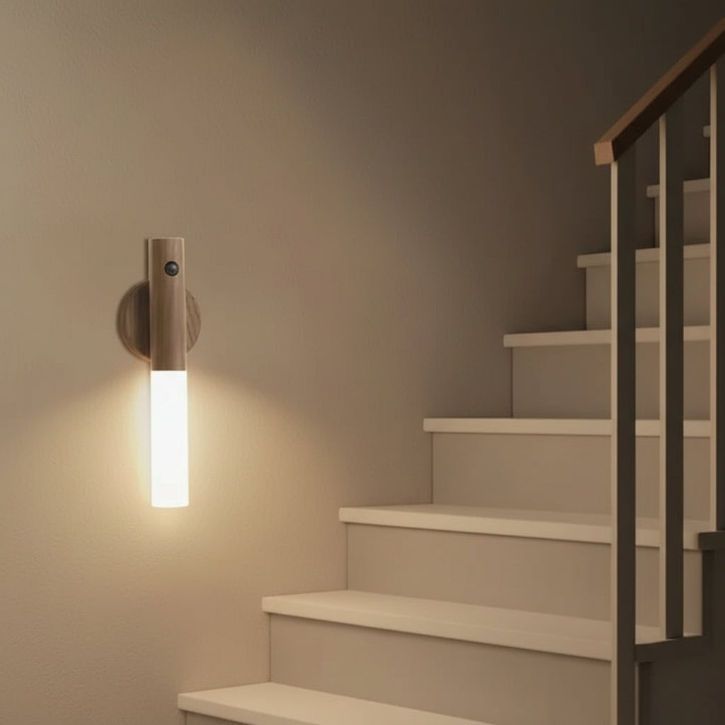 Motion Sensor Night Light Magnetic Base Wood Grain Style