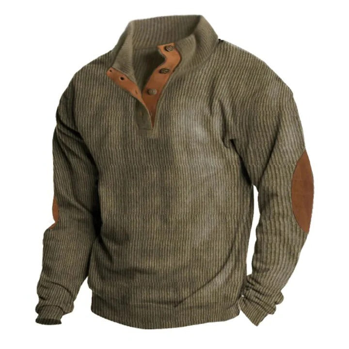 Mens Corduroy Pullover Jumper with Stand Collar and Button Detail