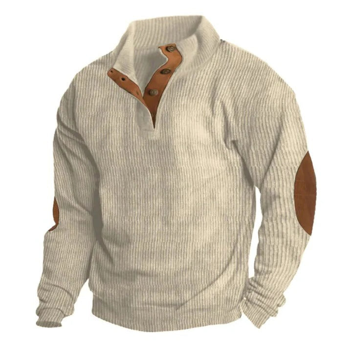 Mens Corduroy Pullover Jumper with Stand Collar and Button Detail
