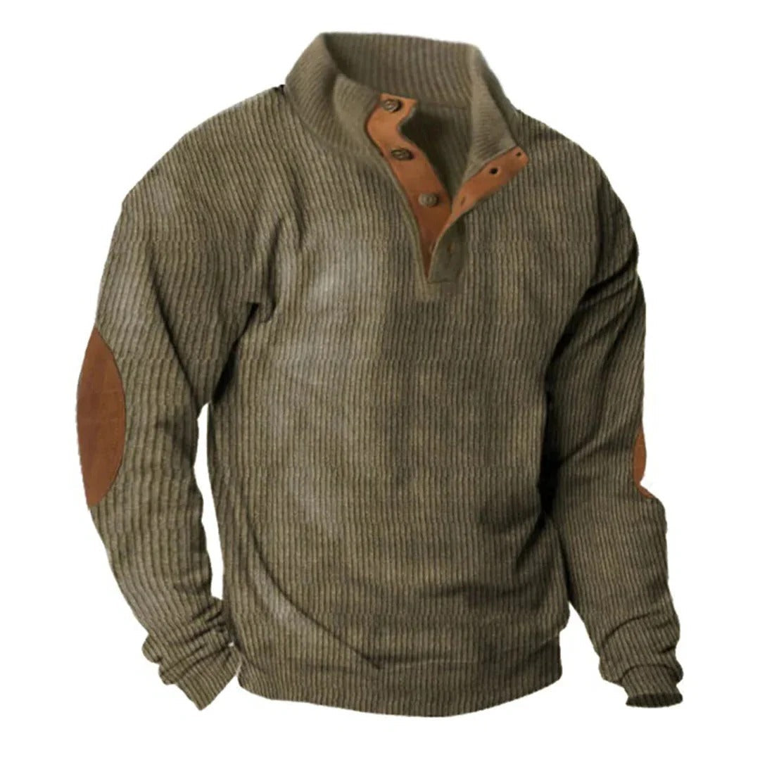 Mens Corduroy Pullover Jumper with Stand Collar and Button Detail