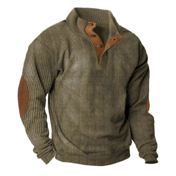 Mens Corduroy Pullover Jumper with Stand Collar and Button Detail