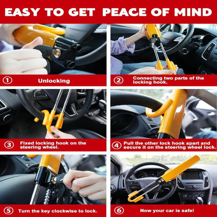 Adjustable Car Steering Wheel Lock with Hardened Steel Bar and Self Locking Feature