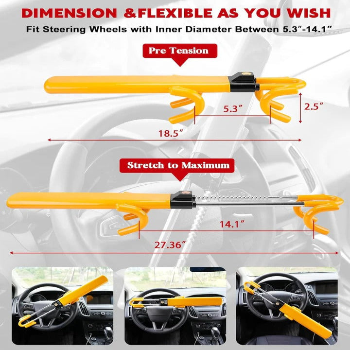 Adjustable Car Steering Wheel Lock with Hardened Steel Bar and Self Locking Feature