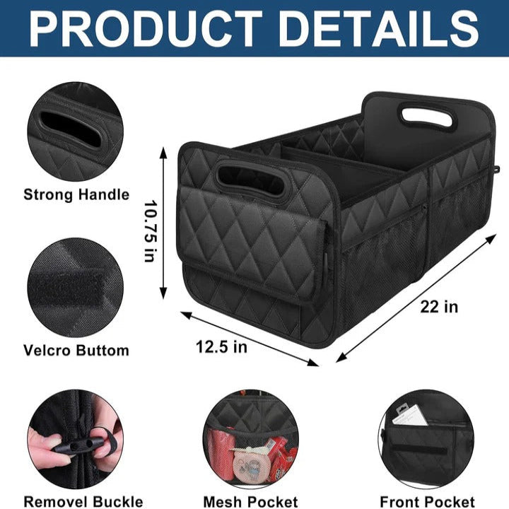 Car Trunk Storage Bag with Internal Subdividers and Hook and Loop Fasteners