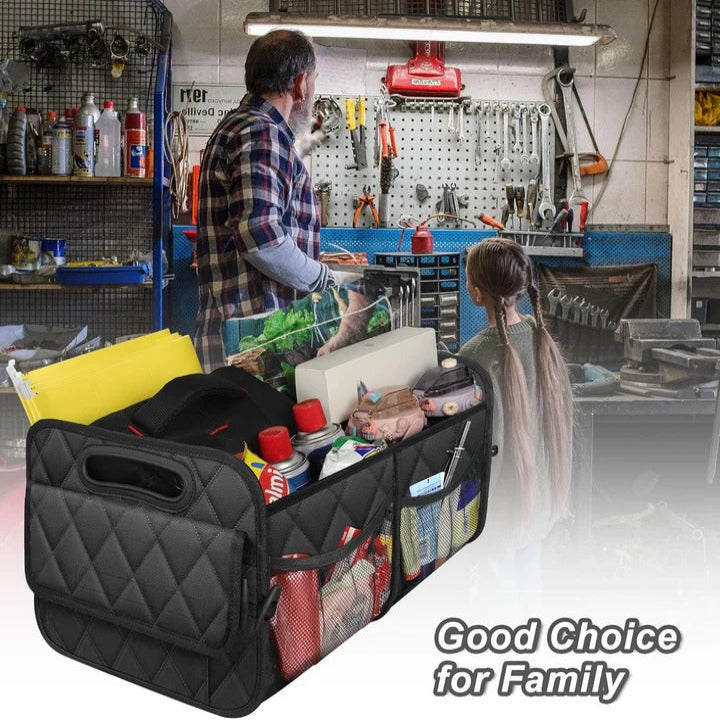 Car Trunk Storage Bag with Internal Subdividers and Hook and Loop Fasteners
