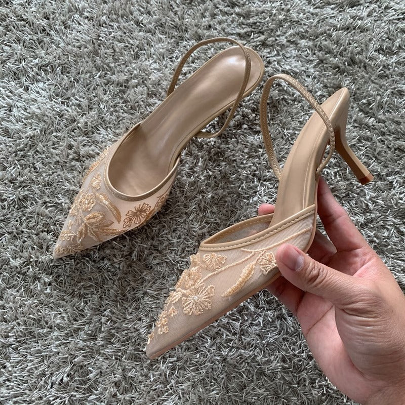 Pointed Toe Mesh Party Shoes with Elasticated Slingback Strap