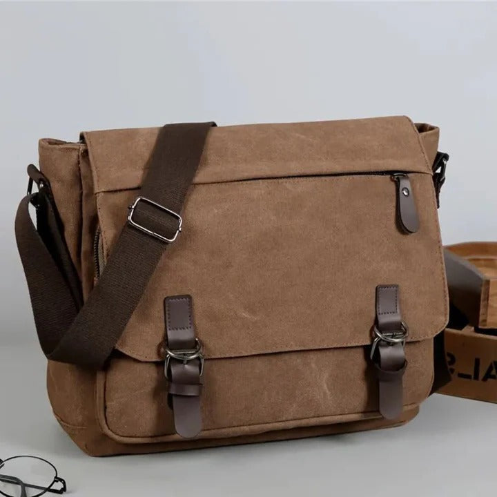 Mens Sling Bag with Canvas Satchel Design and Messenger Style Layout and Integrated Zipper Closures