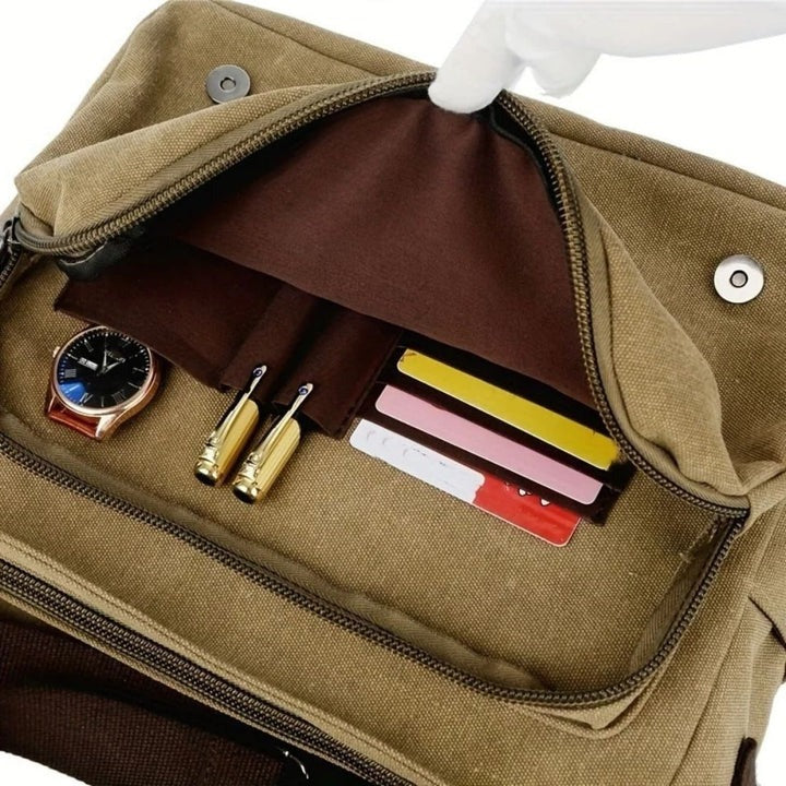 Mens Sling Bag with Canvas Satchel Design and Messenger Style Layout and Integrated Zipper Closures