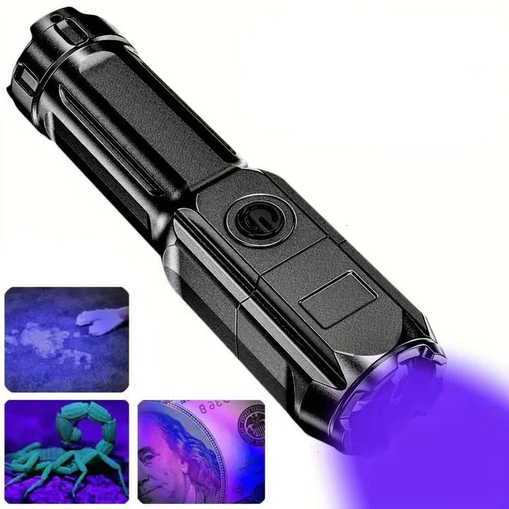 Handheld Rechargeable Ultraviolet Flashlight with Zoomable Lens and Multiple Light Modes