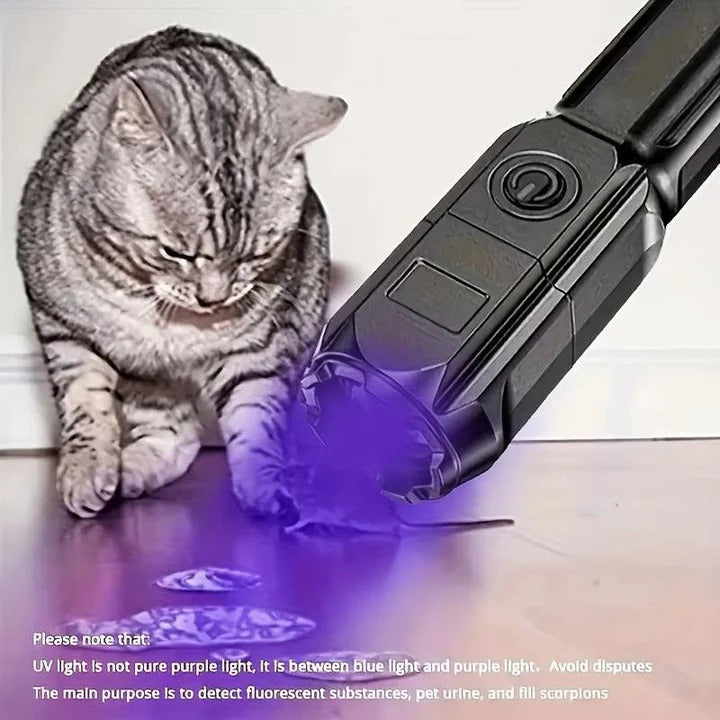 Handheld Rechargeable Ultraviolet Flashlight with Zoomable Lens and Multiple Light Modes