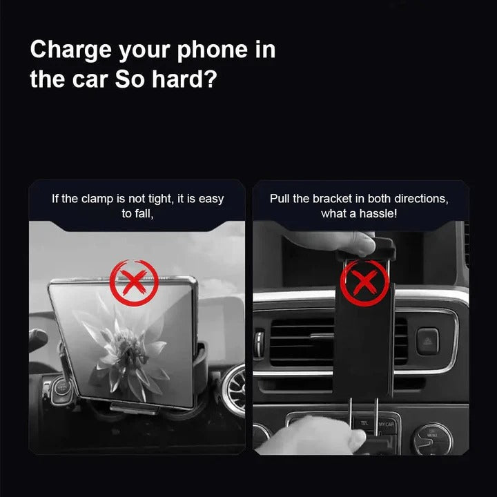 Wireless Car Charger Mount, Auto Clamping Phone Holder, Dual Coil Fast Charging, Air Vent Clip