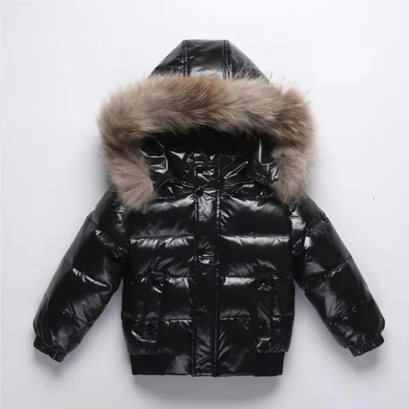 Kids Winter Parka, Down Insulated Jacket, Real Fur Hood Trim, Water Resistant Shell