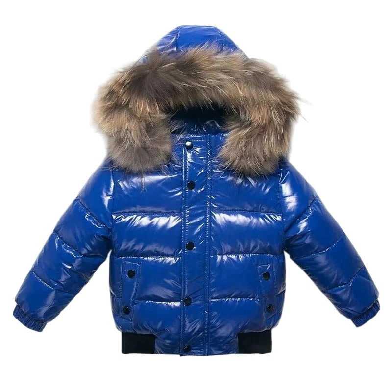 Kids Winter Parka, Down Insulated Jacket, Real Fur Hood Trim, Water Resistant Shell