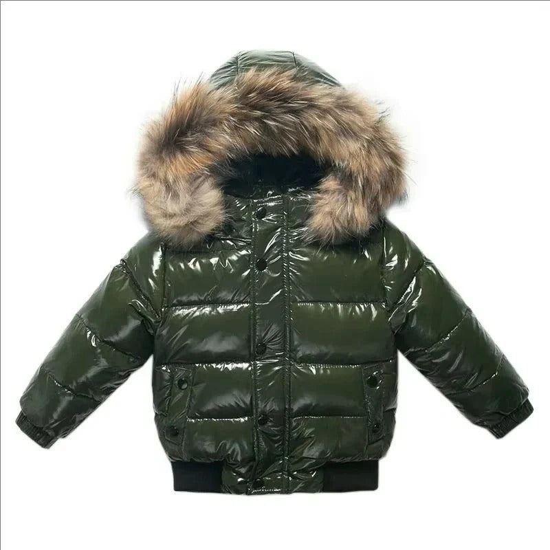 Kids Winter Parka, Down Insulated Jacket, Real Fur Hood Trim, Water Resistant Shell