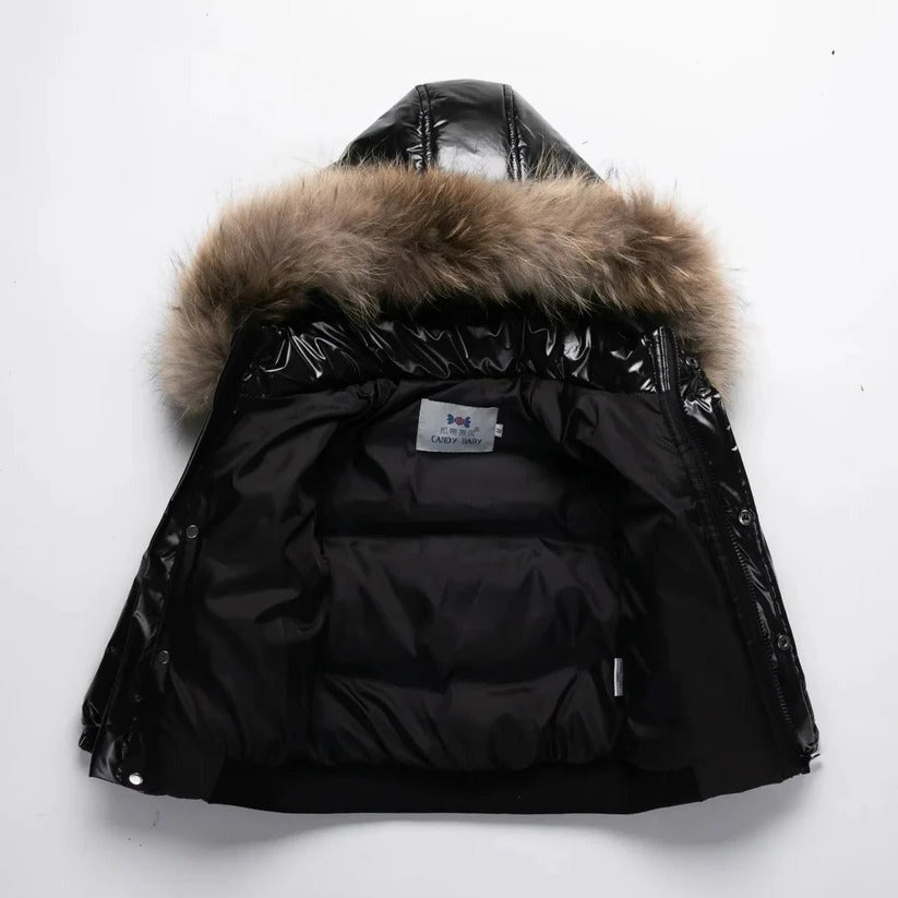 Kids Winter Parka, Down Insulated Jacket, Real Fur Hood Trim, Water Resistant Shell