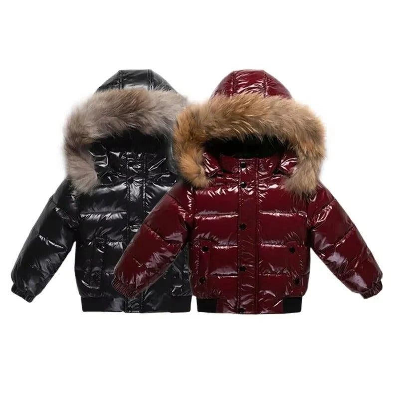 Kids Winter Parka, Down Insulated Jacket, Real Fur Hood Trim, Water Resistant Shell