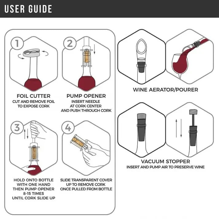 Air Pressure Wine Opener Set and Effortless Needle Cork Extractor