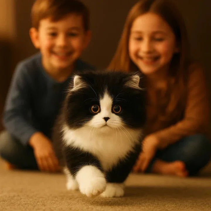 Black and White Plush Cat with Lifelike Features