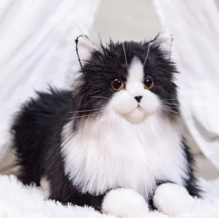 Black and White Plush Cat with Lifelike Features