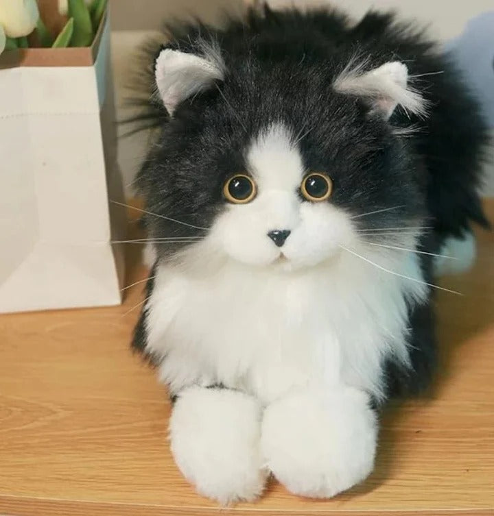 Black and White Plush Cat with Lifelike Features