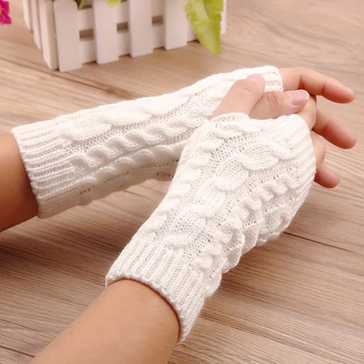 Womens Knit Fingerless Gloves, Fleece Lined Thermal Hand Warmers with Extended Wrist Cuff