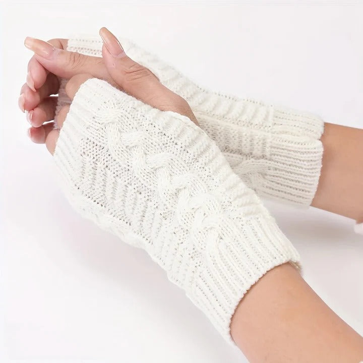 Womens Knit Fingerless Gloves, Fleece Lined Thermal Hand Warmers with Extended Wrist Cuff