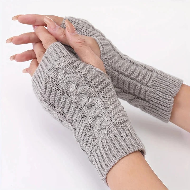 Womens Knit Fingerless Gloves, Fleece Lined Thermal Hand Warmers with Extended Wrist Cuff