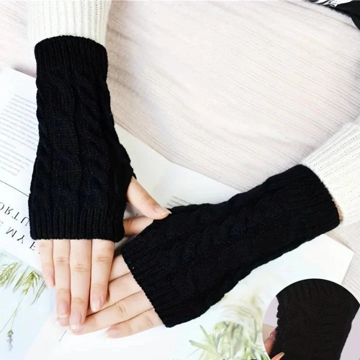 Womens Knit Fingerless Gloves, Fleece Lined Thermal Hand Warmers with Extended Wrist Cuff