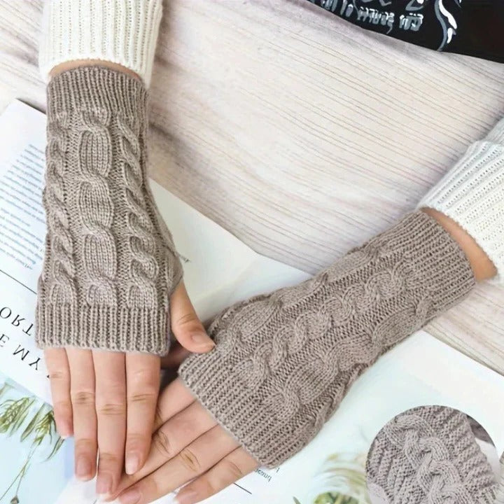Womens Knit Fingerless Gloves, Fleece Lined Thermal Hand Warmers with Extended Wrist Cuff