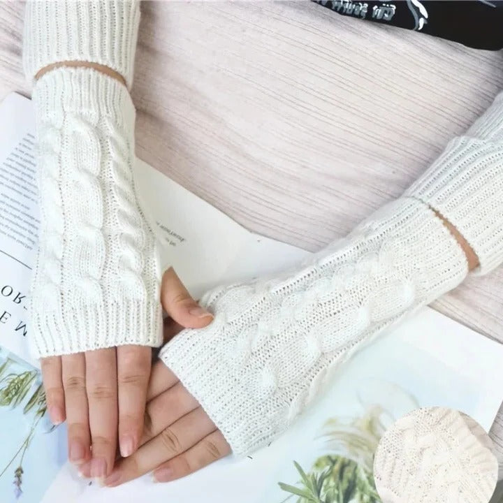 Womens Knit Fingerless Gloves, Fleece Lined Thermal Hand Warmers with Extended Wrist Cuff