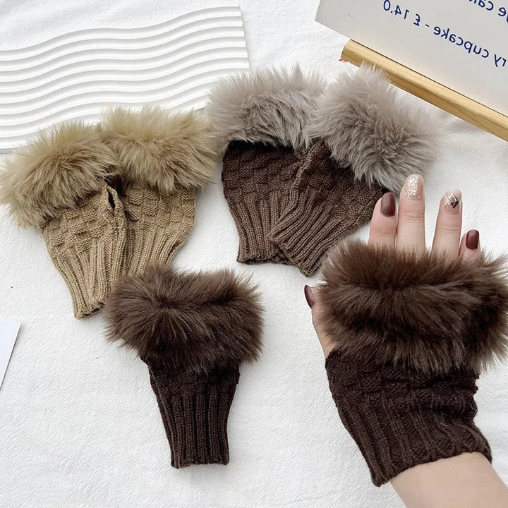 Premium Faux Fur Fingerless Winter Gloves Hand Warmer and Thick Insulated Mittens
