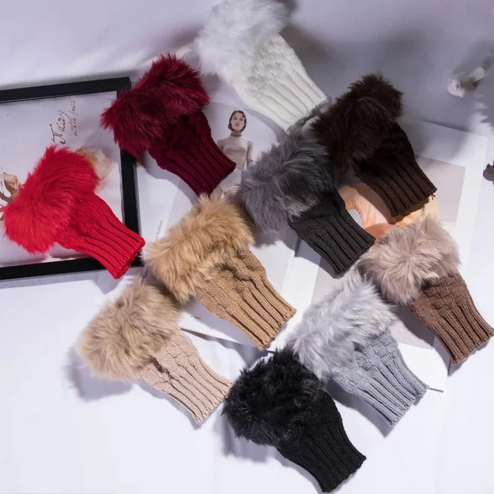 Premium Faux Fur Fingerless Winter Gloves Hand Warmer and Thick Insulated Mittens