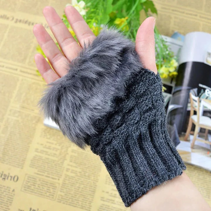 Premium Faux Fur Fingerless Winter Gloves Hand Warmer and Thick Insulated Mittens