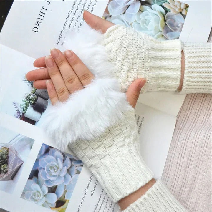 Premium Faux Fur Fingerless Winter Gloves Hand Warmer and Thick Insulated Mittens