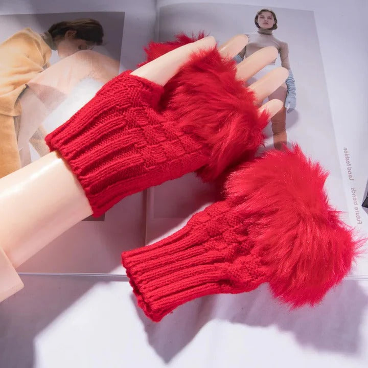 Premium Faux Fur Fingerless Winter Gloves Hand Warmer and Thick Insulated Mittens