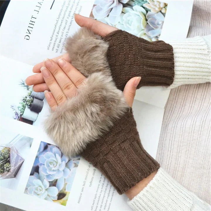 Premium Faux Fur Fingerless Winter Gloves Hand Warmer and Thick Insulated Mittens