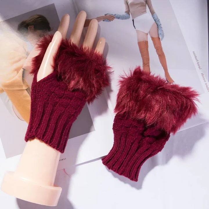 Premium Faux Fur Fingerless Winter Gloves Hand Warmer and Thick Insulated Mittens
