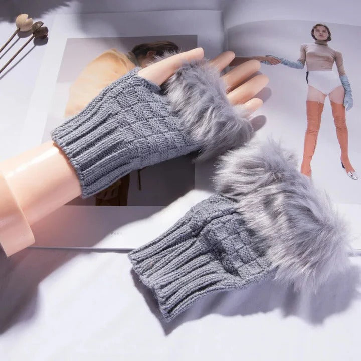 Premium Faux Fur Fingerless Winter Gloves Hand Warmer and Thick Insulated Mittens