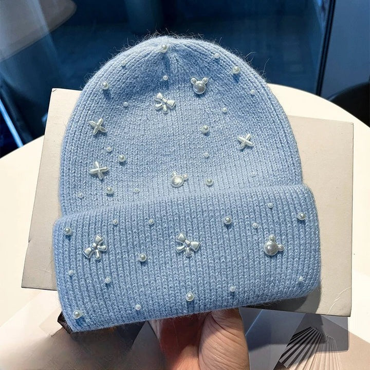 Elegant Pearl Accent Knit Beanie Winter Hat and Stylish Embellished Skull Cap