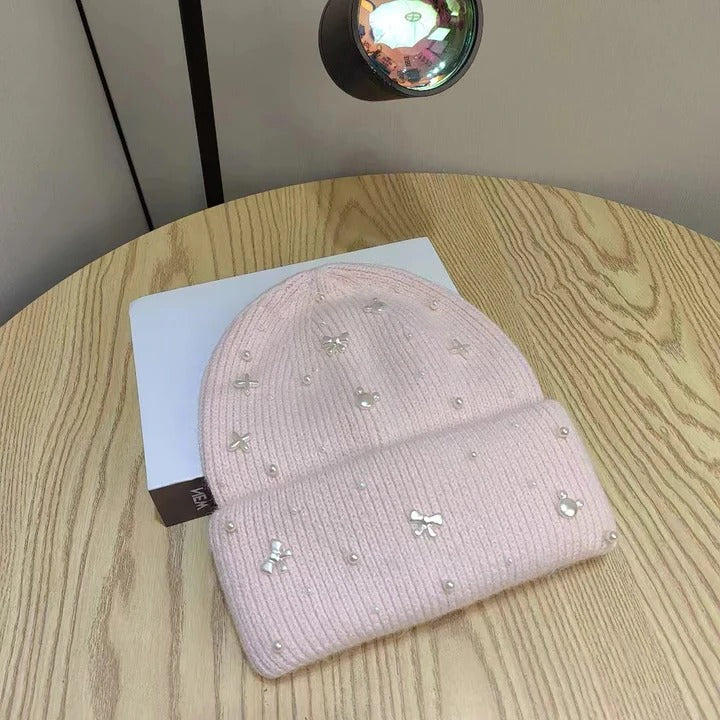 Elegant Pearl Accent Knit Beanie Winter Hat and Stylish Embellished Skull Cap