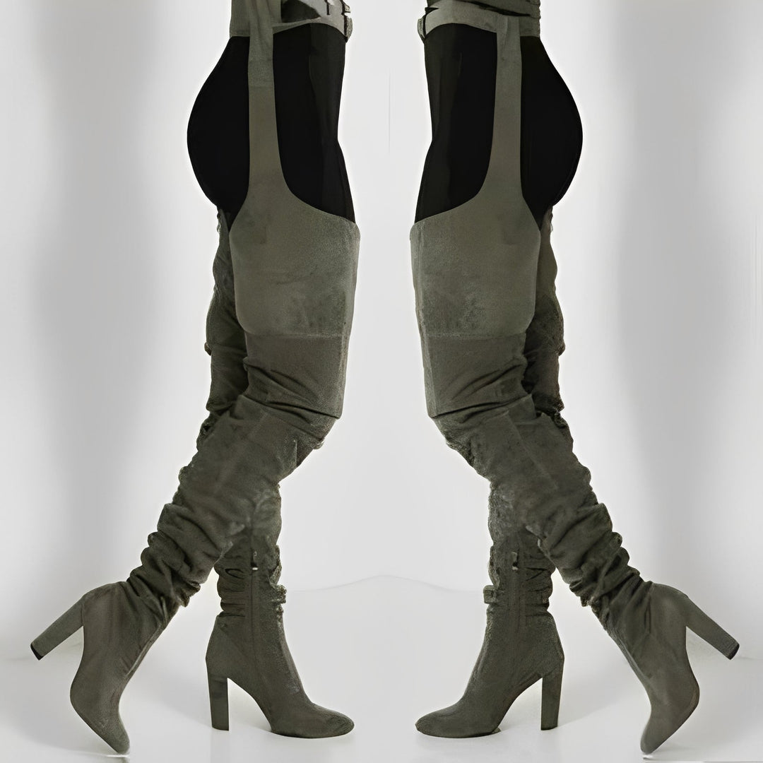 Faux Suede Thigh High Waist Belt Chunky High Heel Slouch Boots for Women and Over The Knee Waist Belted Boots