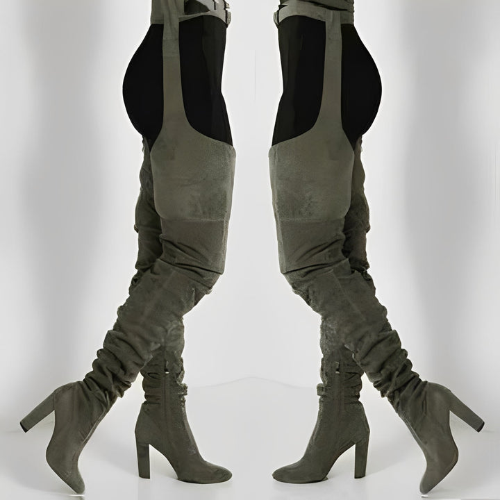 Faux Suede Thigh High Waist Belt Chunky High Heel Slouch Boots for Women and Over The Knee Waist Belted Boots
