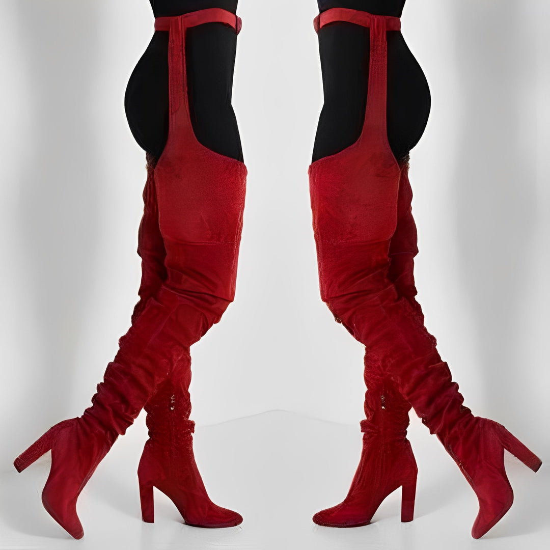 Faux Suede Thigh High Waist Belt Chunky High Heel Slouch Boots for Women and Over The Knee Waist Belted Boots