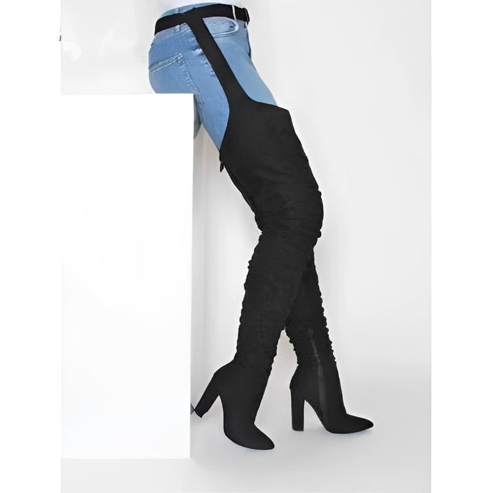 Faux Suede Thigh High Waist Belt Chunky High Heel Slouch Boots for Women and Over The Knee Waist Belted Boots