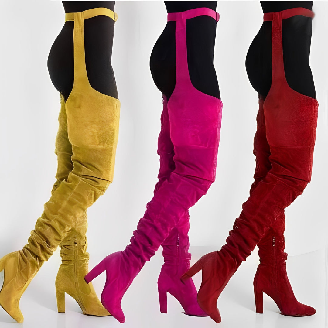 Faux Suede Thigh High Waist Belt Chunky High Heel Slouch Boots for Women and Over The Knee Waist Belted Boots